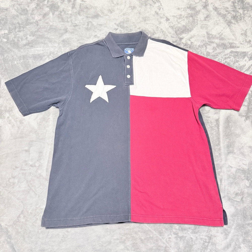 Texas Cotton Mens XL Lone Star Flag Polo Red White Blue Pique Short Sleeve